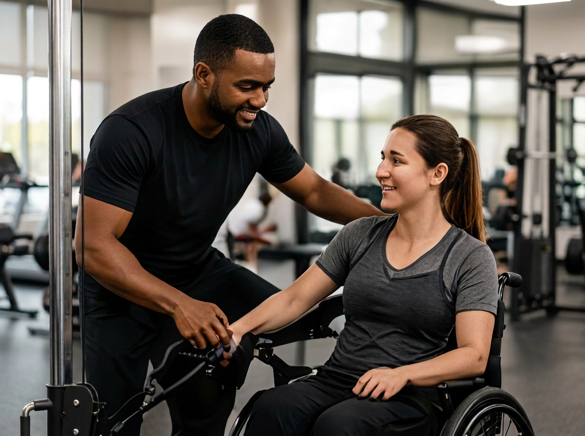 NextStep Atlanta trainer supporting a member using a wheelchair in the gym