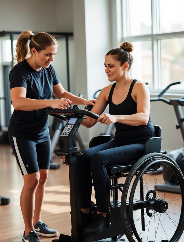 Coach guiding a member through an adaptive workout